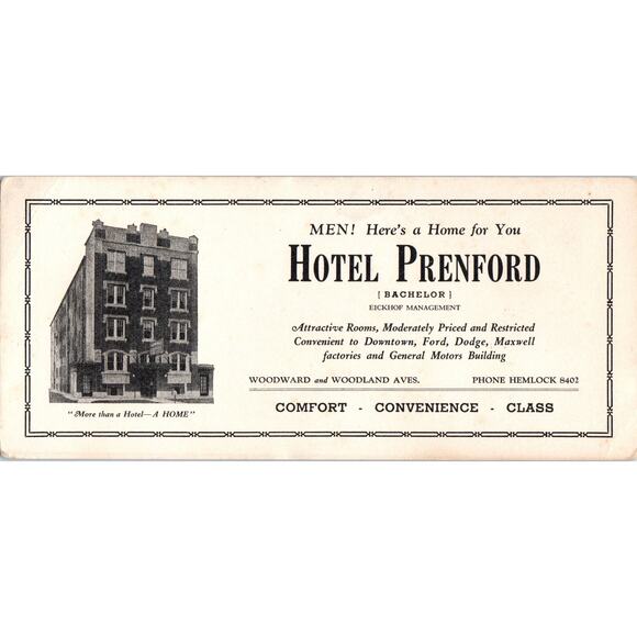 None Other - Hotel Prenford Detroit Michigan Antique Blotter Card AD8-R2